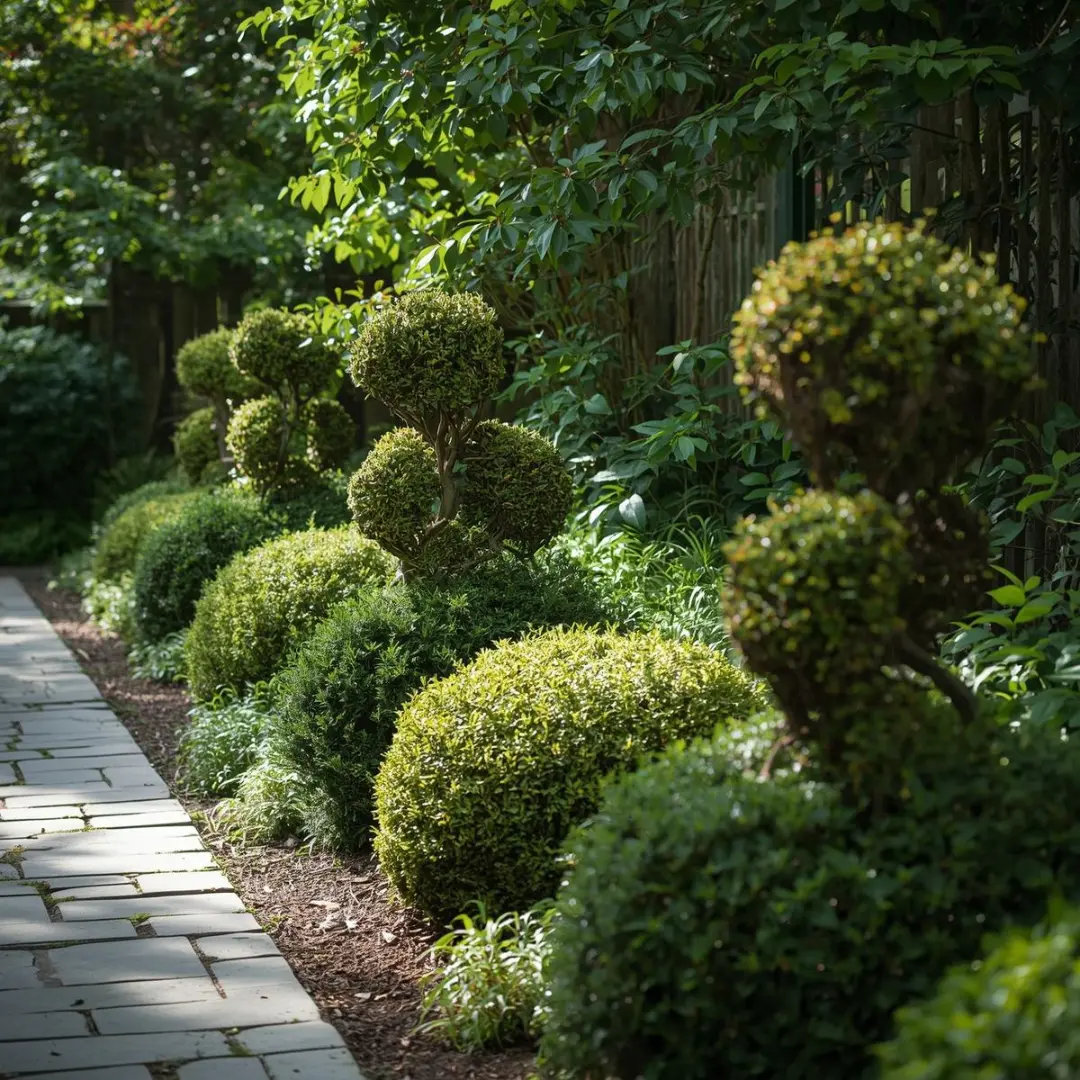 Ornamental shrubs with crisp organic shapes along stone walkway