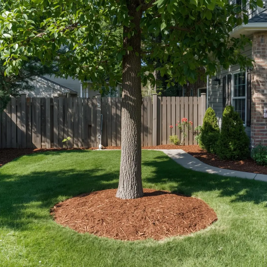 Professional tree maintenance with fresh mulch at base